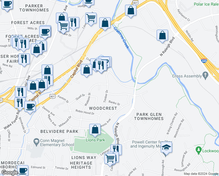 map of restaurants, bars, coffee shops, grocery stores, and more near 2308 Timber Drive in Raleigh