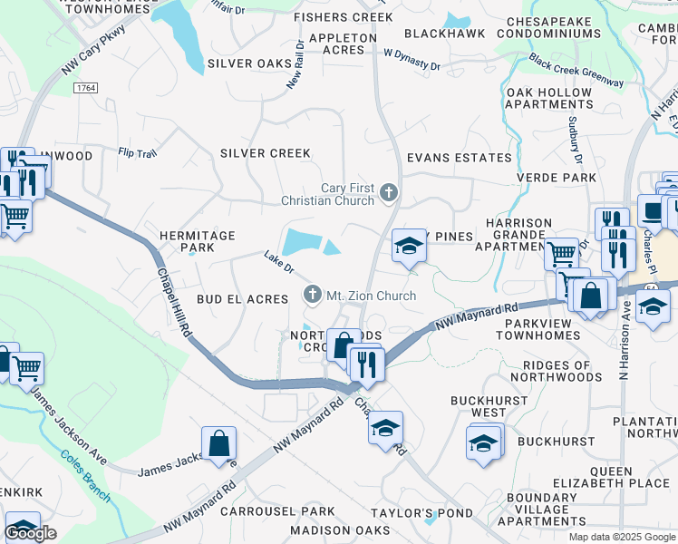 map of restaurants, bars, coffee shops, grocery stores, and more near 307 Lake Drive in Cary