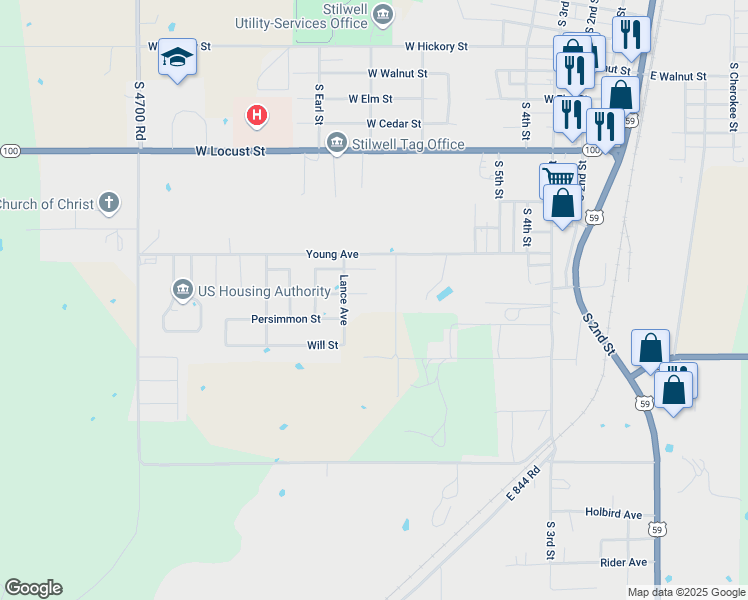 map of restaurants, bars, coffee shops, grocery stores, and more near 1050 Sassafras Street in Stilwell