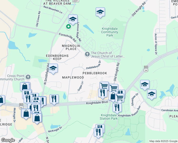map of restaurants, bars, coffee shops, grocery stores, and more near 102 Beechwood Court in Knightdale