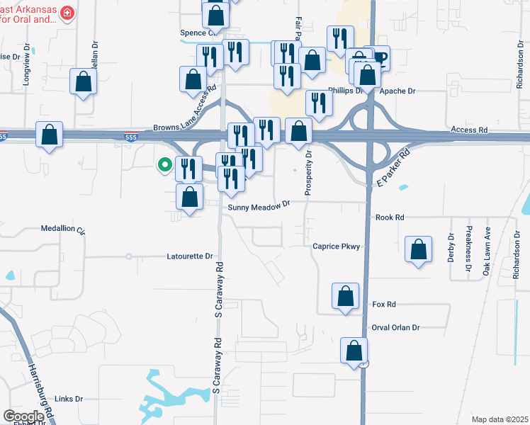 map of restaurants, bars, coffee shops, grocery stores, and more near 2411 Sunny Meadow Drive in Jonesboro