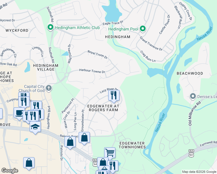map of restaurants, bars, coffee shops, grocery stores, and more near 2271 Lazy River Drive in Raleigh