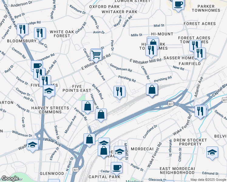map of restaurants, bars, coffee shops, grocery stores, and more near 1526 Sunrise Avenue in Raleigh