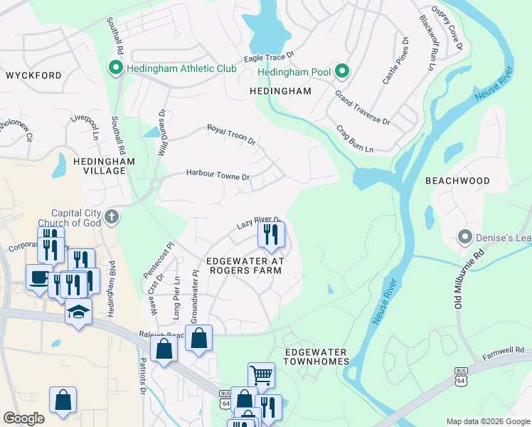 map of restaurants, bars, coffee shops, grocery stores, and more near 2271 Lazy River Drive in Raleigh