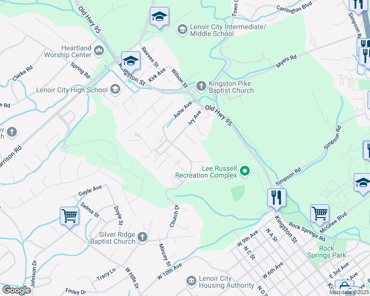 map of restaurants, bars, coffee shops, grocery stores, and more near 124 Candlenook Lane in Lenoir City