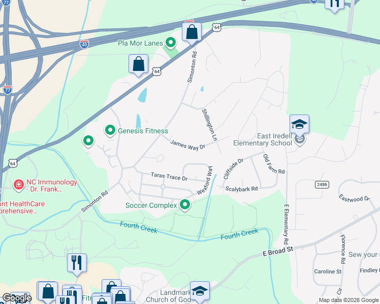map of restaurants, bars, coffee shops, grocery stores, and more near 2222 James Way Drive in Statesville