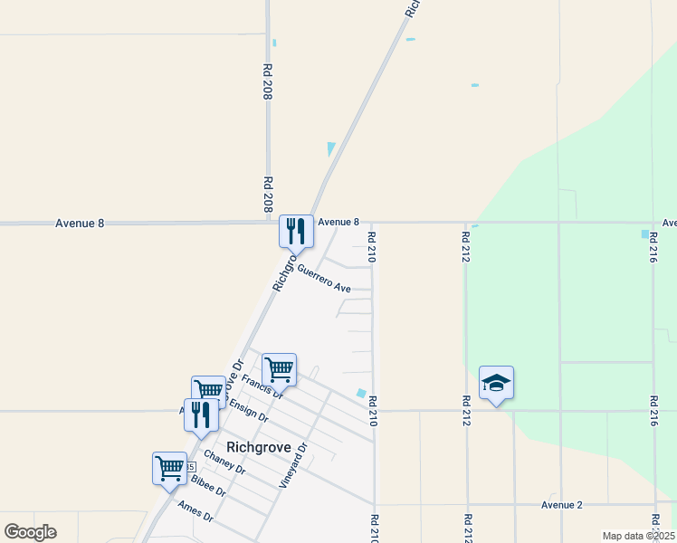 map of restaurants, bars, coffee shops, grocery stores, and more near 20877-20999 Hernandez Ave in Richgrove