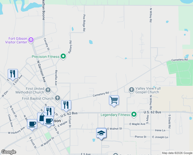 map of restaurants, bars, coffee shops, grocery stores, and more near 727 Shady Street in Fort Gibson