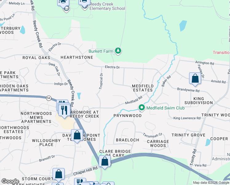 map of restaurants, bars, coffee shops, grocery stores, and more near 7028 Robbie Drive in Raleigh