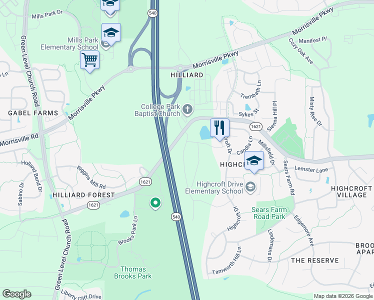 map of restaurants, bars, coffee shops, grocery stores, and more near 129 Alamosa Place in Cary