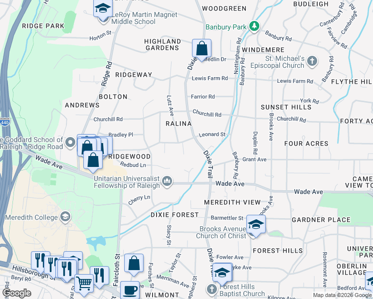 map of restaurants, bars, coffee shops, grocery stores, and more near 1212 Little Lake Hill Drive in Raleigh