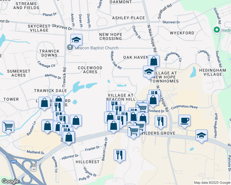 map of restaurants, bars, coffee shops, grocery stores, and more near 4220 Lake Woodard Drive in Raleigh