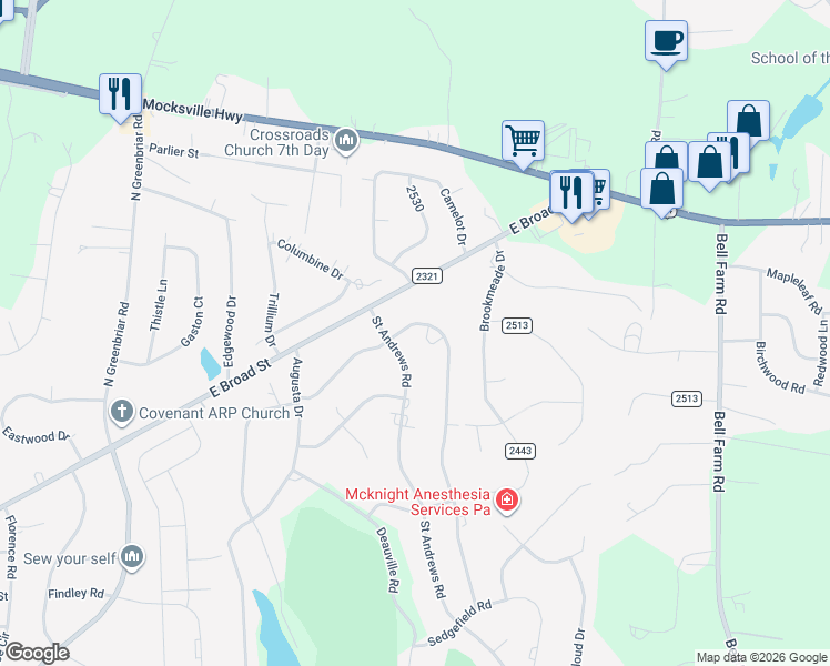map of restaurants, bars, coffee shops, grocery stores, and more near 210 Glen Eagles Road East in Statesville