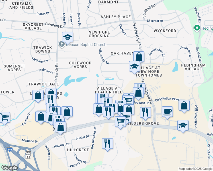 map of restaurants, bars, coffee shops, grocery stores, and more near 4232 Lake Woodard Drive in Raleigh