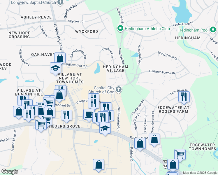 map of restaurants, bars, coffee shops, grocery stores, and more near 4953 Liverpool Lane in Raleigh