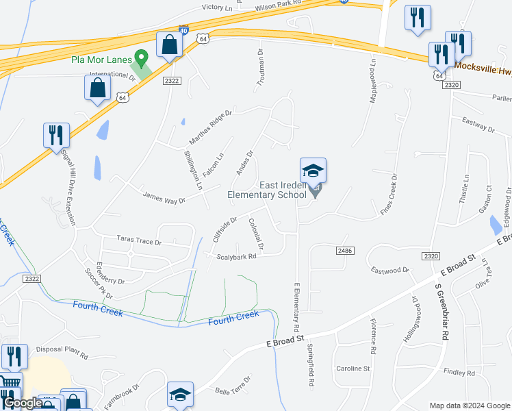 map of restaurants, bars, coffee shops, grocery stores, and more near 2511 Cliffside Drive in Statesville