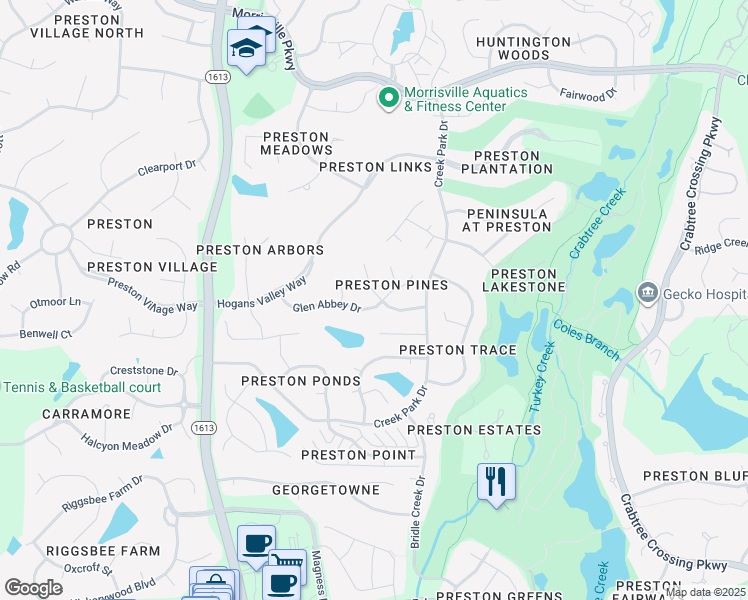 map of restaurants, bars, coffee shops, grocery stores, and more near 201 Glen Abbey Drive in Cary