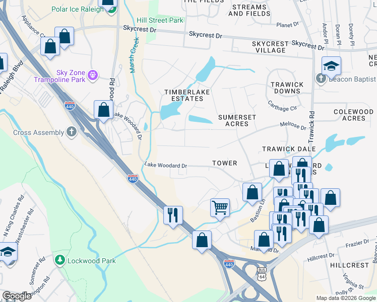 map of restaurants, bars, coffee shops, grocery stores, and more near 3300 Marie Drive in Raleigh