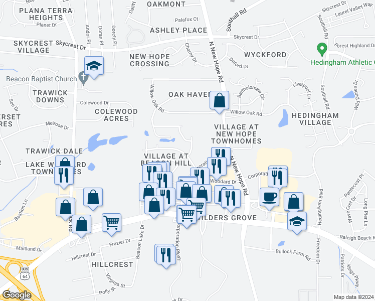 map of restaurants, bars, coffee shops, grocery stores, and more near 1605 Beacon Village Drive in Raleigh