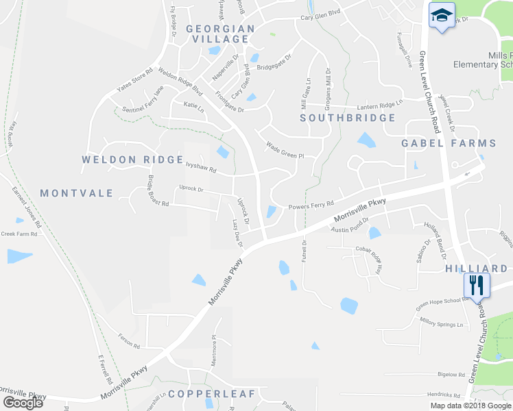 map of restaurants, bars, coffee shops, grocery stores, and more near 1010 White Lily Court in Cary