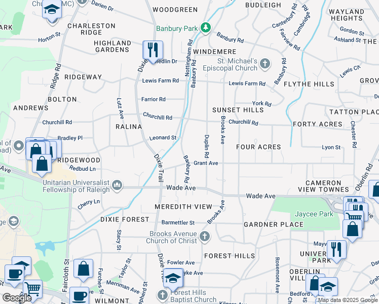 map of restaurants, bars, coffee shops, grocery stores, and more near 1308 Banbury Road in Raleigh