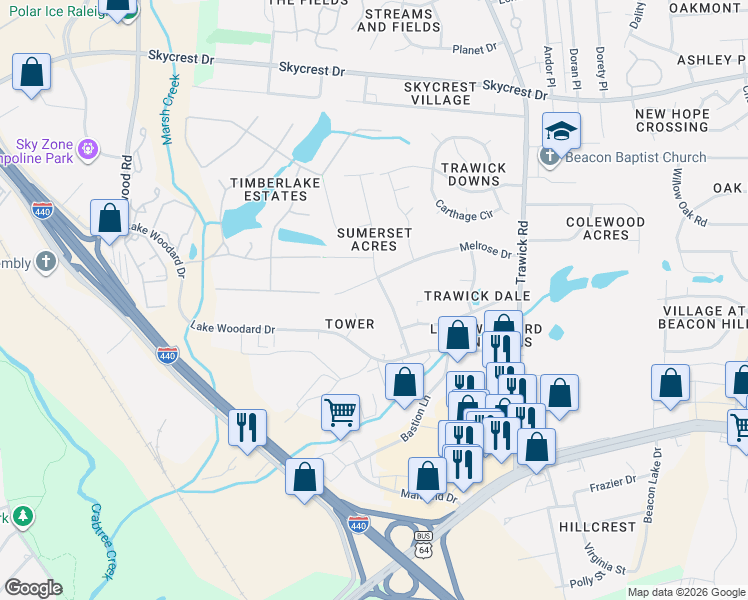 map of restaurants, bars, coffee shops, grocery stores, and more near 1925 Summerdale Drive in Raleigh