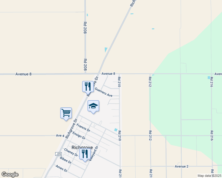 map of restaurants, bars, coffee shops, grocery stores, and more near 20877-20999 Hernandez Ave in Richgrove