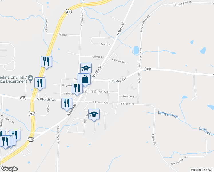 map of restaurants, bars, coffee shops, grocery stores, and more near 118 North Campbell Street in Medina