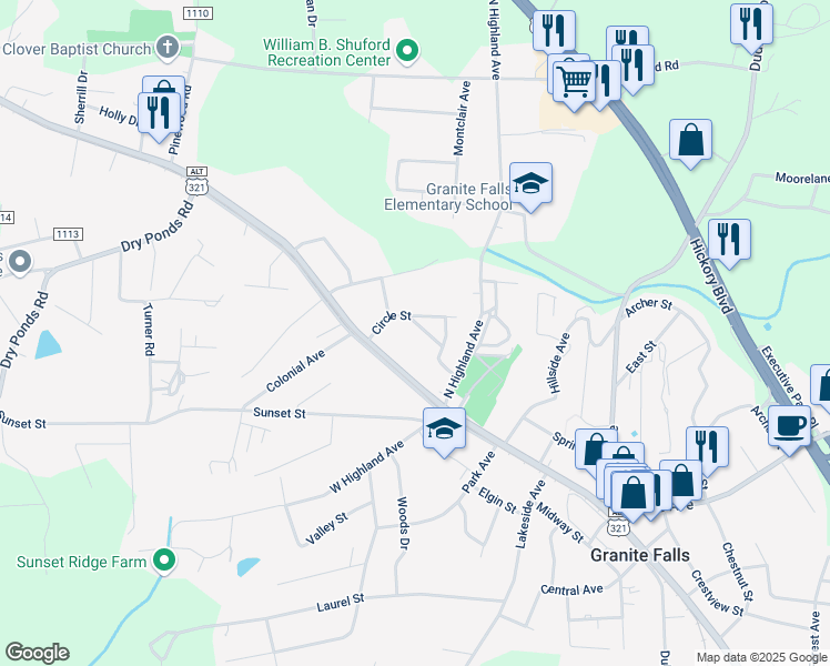 map of restaurants, bars, coffee shops, grocery stores, and more near 12 Hickory Street in Granite Falls