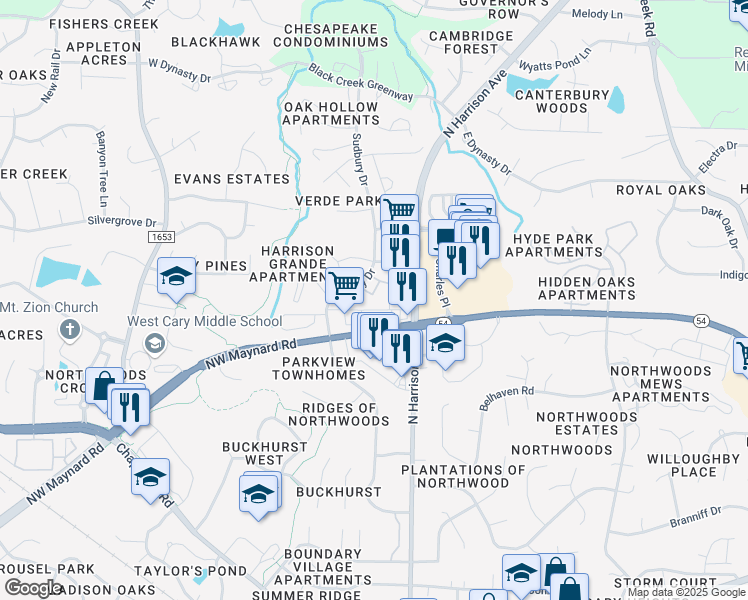map of restaurants, bars, coffee shops, grocery stores, and more near 3221 Grande Classic Way in Cary