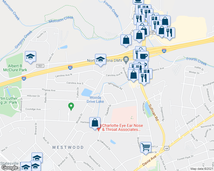 map of restaurants, bars, coffee shops, grocery stores, and more near 714 Springdale Road in Statesville