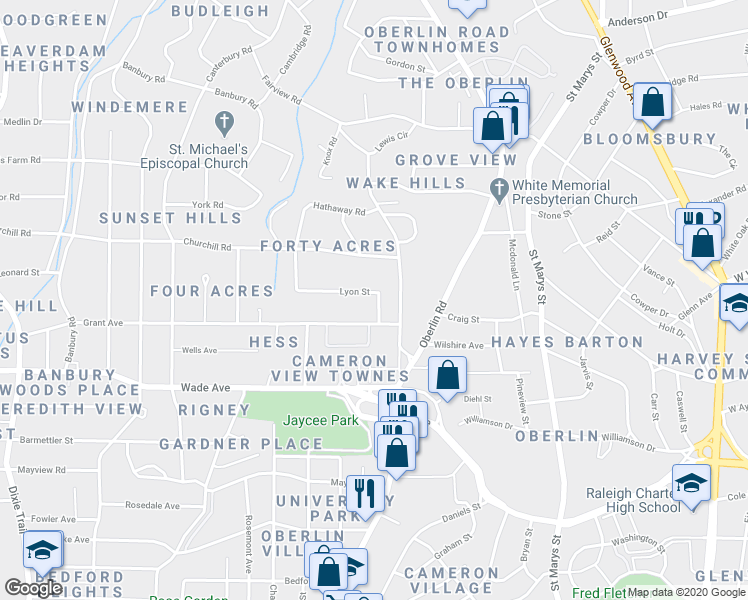 map of restaurants, bars, coffee shops, grocery stores, and more near 2311 Lyon Street in Raleigh