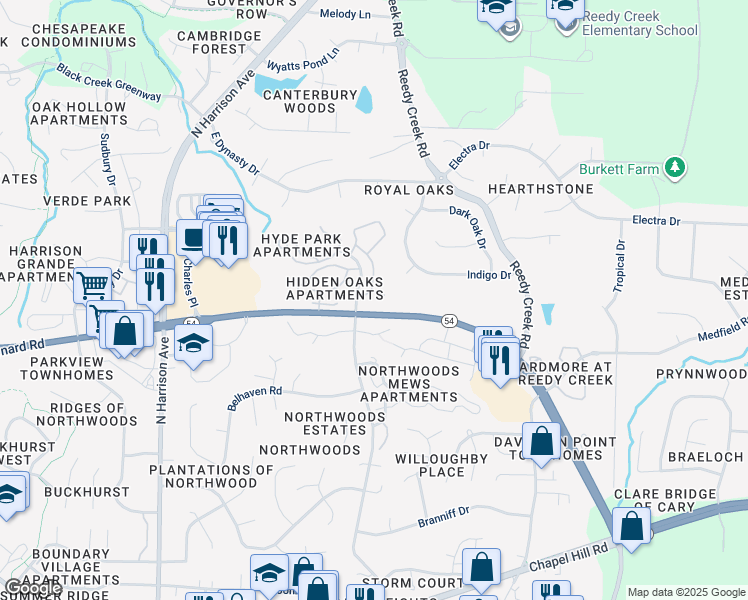 map of restaurants, bars, coffee shops, grocery stores, and more near 100 Northwoods Village Drive in Cary