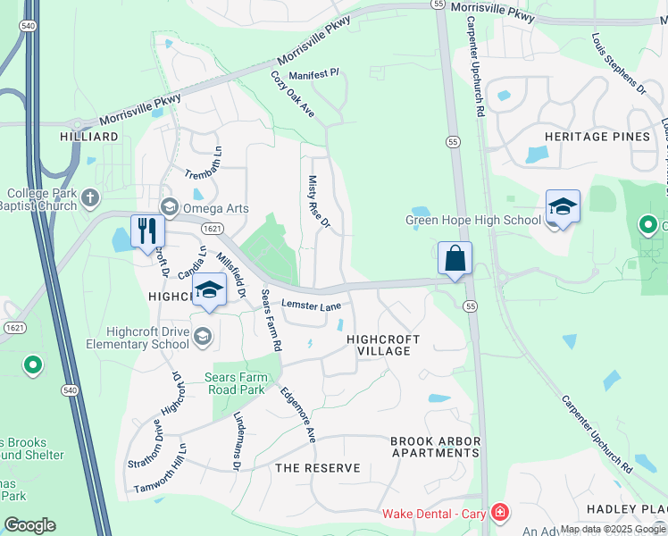 map of restaurants, bars, coffee shops, grocery stores, and more near 1017 Cozy Oak Avenue in Cary