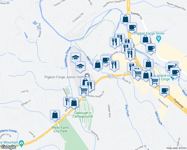 map of restaurants, bars, coffee shops, grocery stores, and more near 2519 Sand Pike Boulevard in Pigeon Forge