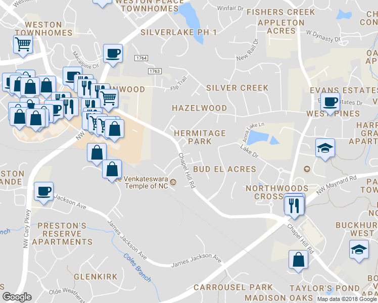 map of restaurants, bars, coffee shops, grocery stores, and more near 9484 Chapel Hill Road in Cary