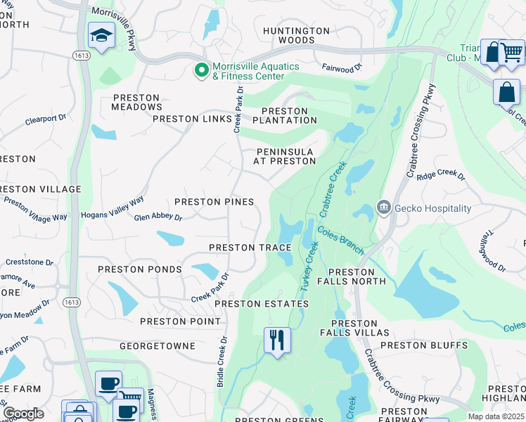 map of restaurants, bars, coffee shops, grocery stores, and more near 214 Turquoise Creek Drive in Cary