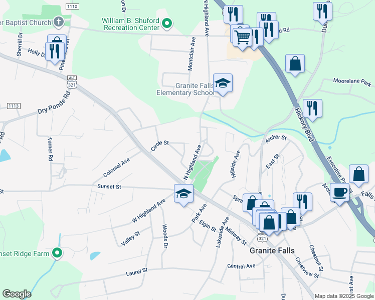map of restaurants, bars, coffee shops, grocery stores, and more near 5 Circle Street in Granite Falls