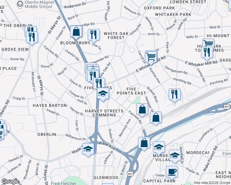 map of restaurants, bars, coffee shops, grocery stores, and more near 1708 Scales St in Raleigh