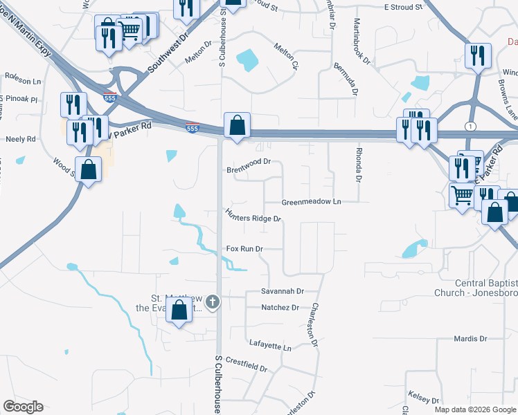 map of restaurants, bars, coffee shops, grocery stores, and more near 3209 Brentway Lane in Jonesboro