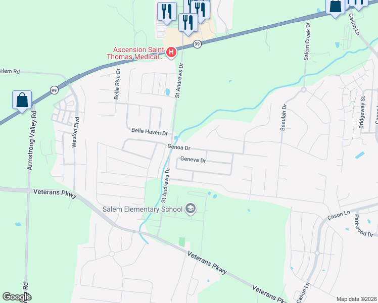 map of restaurants, bars, coffee shops, grocery stores, and more near 3413 Genoa Drive in Murfreesboro