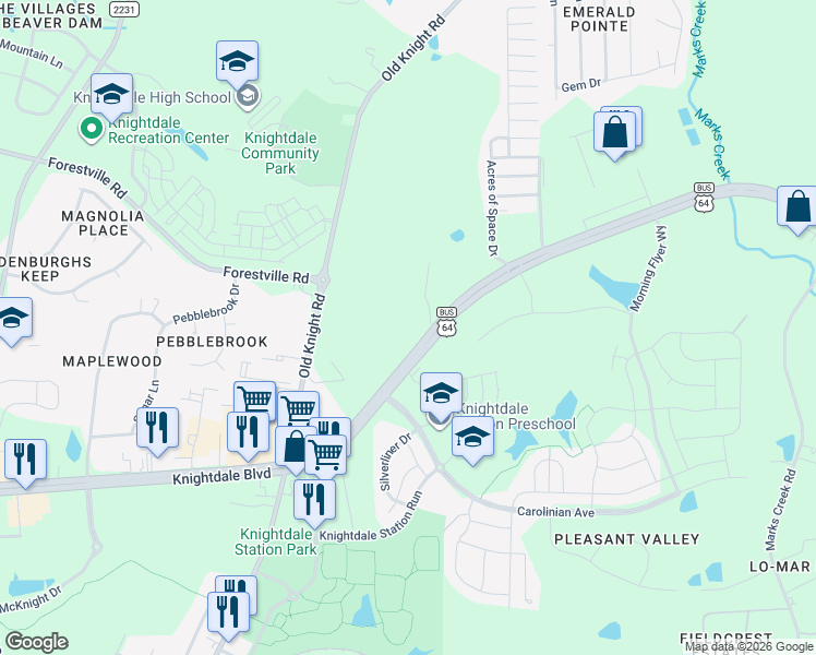 map of restaurants, bars, coffee shops, grocery stores, and more near 7817 Knightdale Boulevard in Knightdale