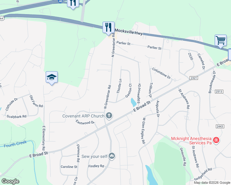 map of restaurants, bars, coffee shops, grocery stores, and more near 221 Thistle Lane in Statesville
