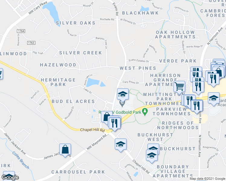 map of restaurants, bars, coffee shops, grocery stores, and more near 1021 Evans Road in Cary