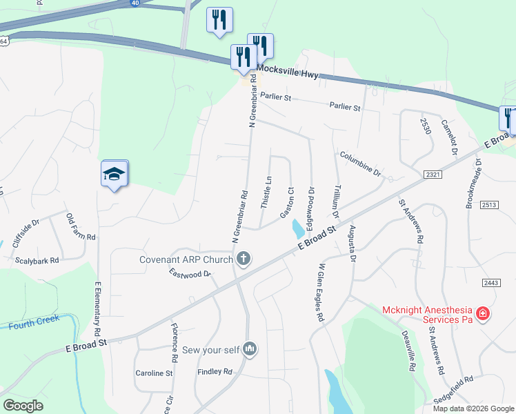 map of restaurants, bars, coffee shops, grocery stores, and more near 221 Thistle Lane in Statesville
