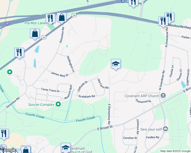 map of restaurants, bars, coffee shops, grocery stores, and more near 2515 Cliffside Drive in Statesville