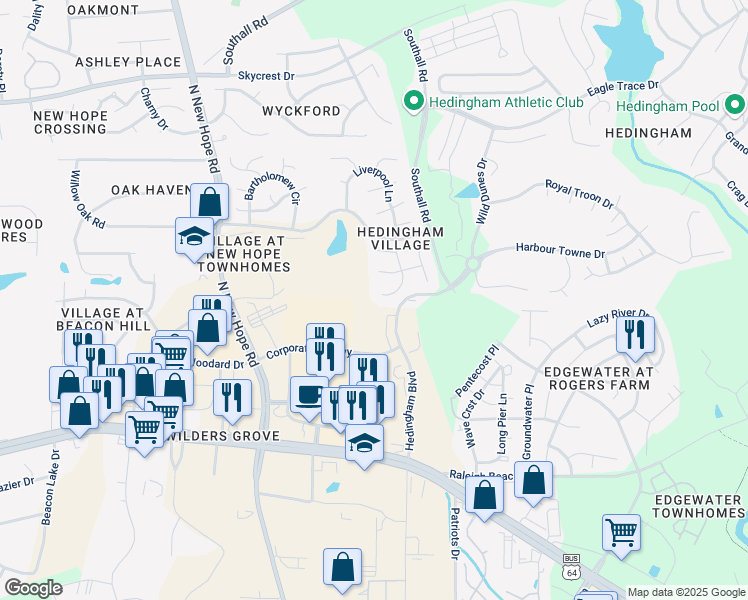 map of restaurants, bars, coffee shops, grocery stores, and more near 4953 Liverpool Lane in Raleigh