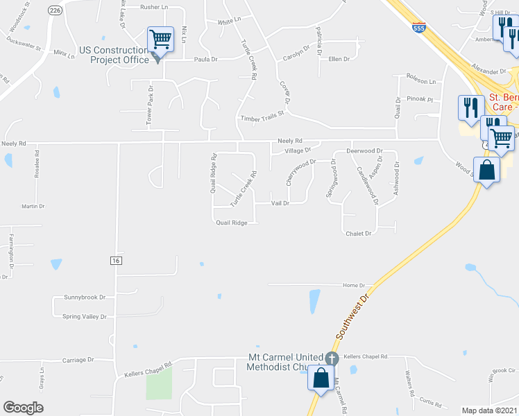 map of restaurants, bars, coffee shops, grocery stores, and more near 2205 Vail Drive in Jonesboro