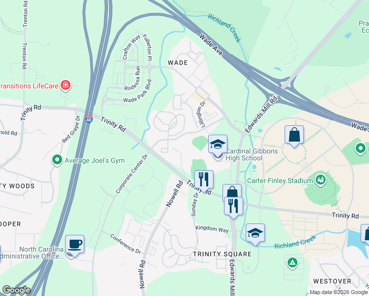 map of restaurants, bars, coffee shops, grocery stores, and more near 1610 Amber Ridge Lane in Raleigh