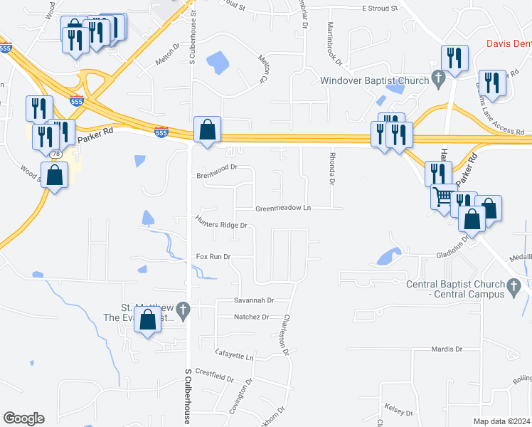 map of restaurants, bars, coffee shops, grocery stores, and more near 301 Greenmeadow Lane in Jonesboro